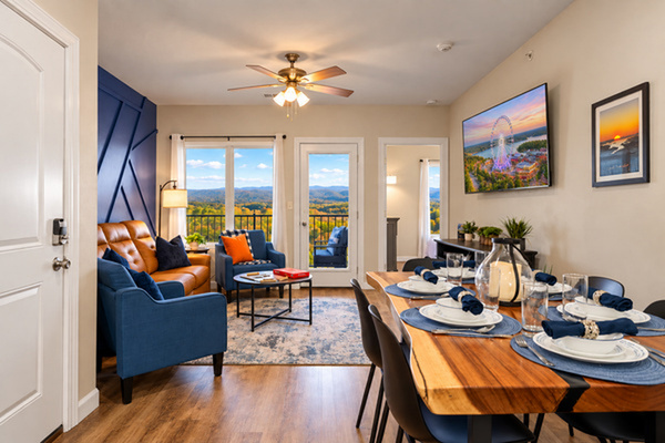 Cook with Ozark mountain views filling the window — morning meal prep is a pleasure at this counter