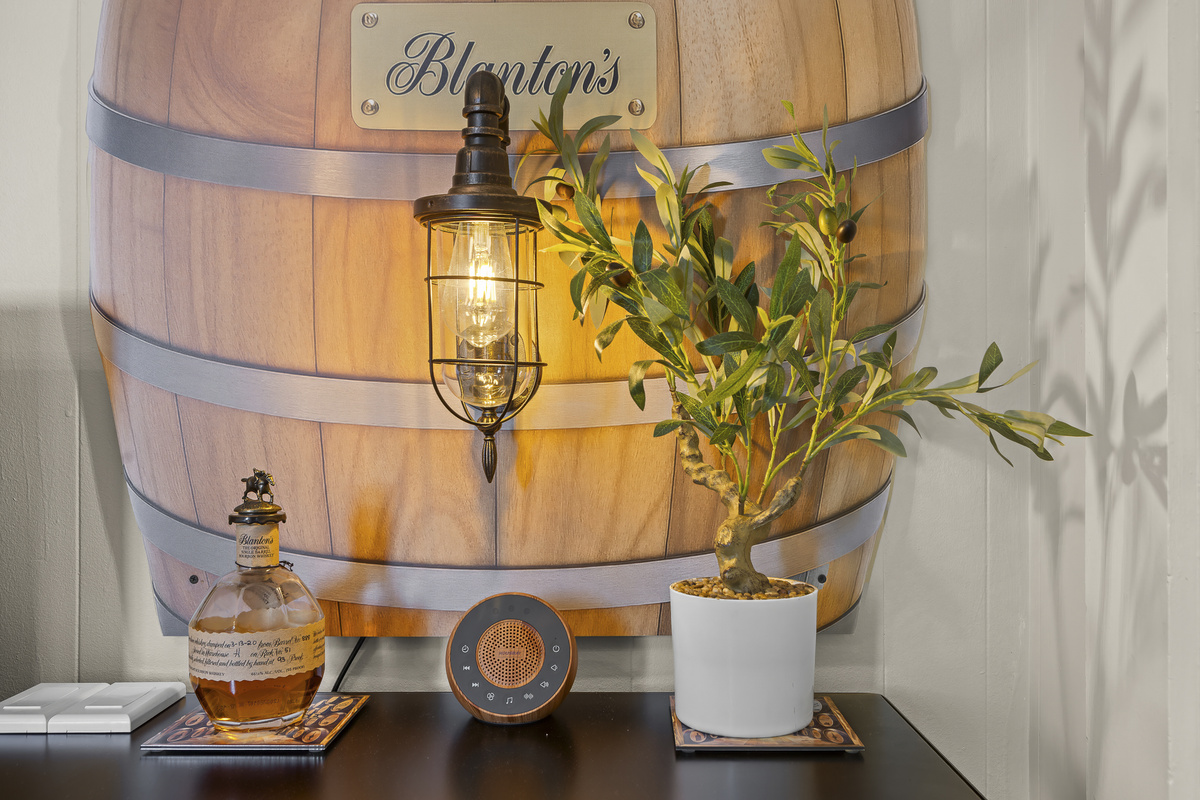 A trailing plant beside the Blanton's lamp. This room is styled down to the last quiet corner.