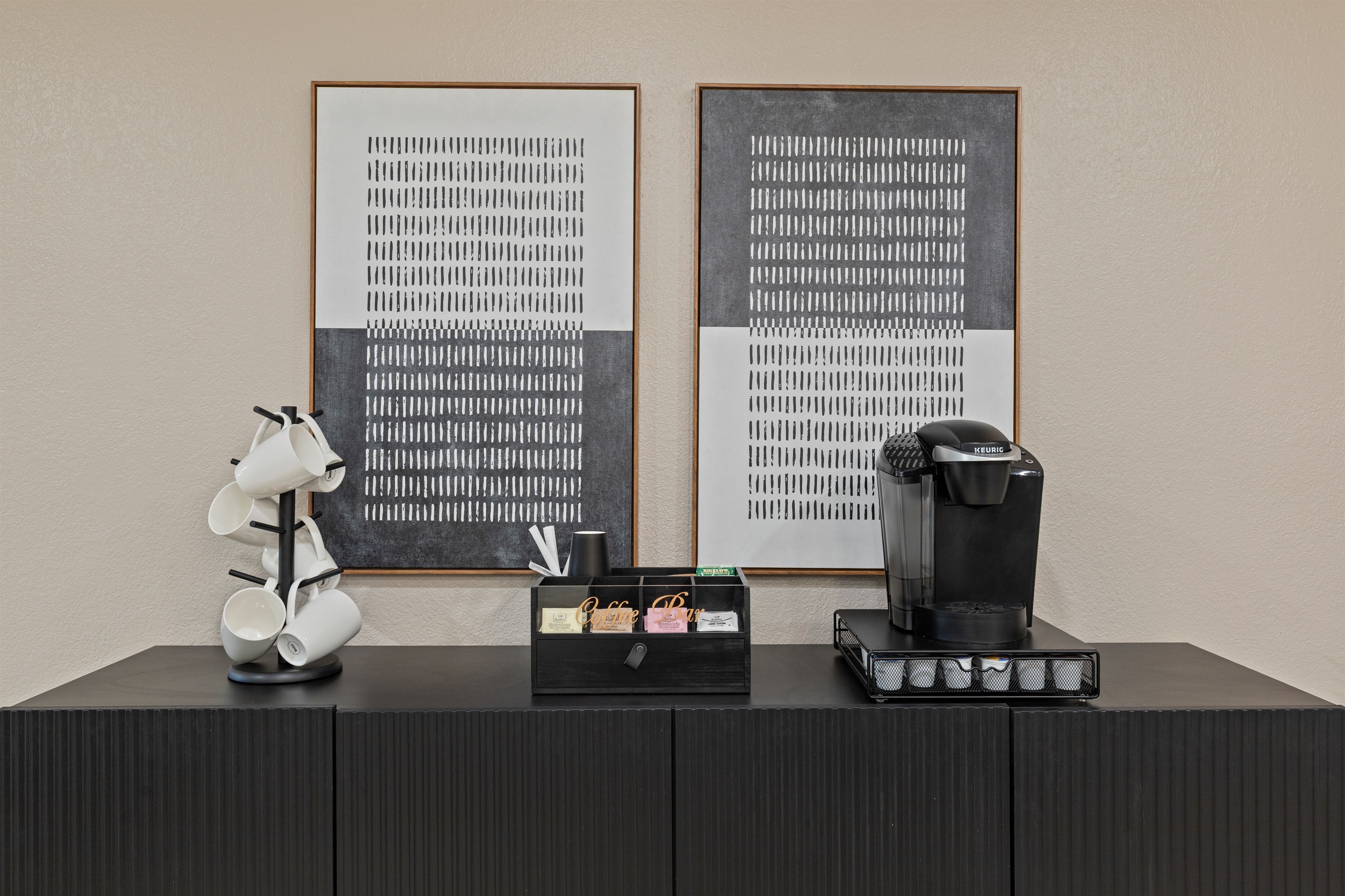 Coffee bar with Keurig and essentials for a quick start to your day