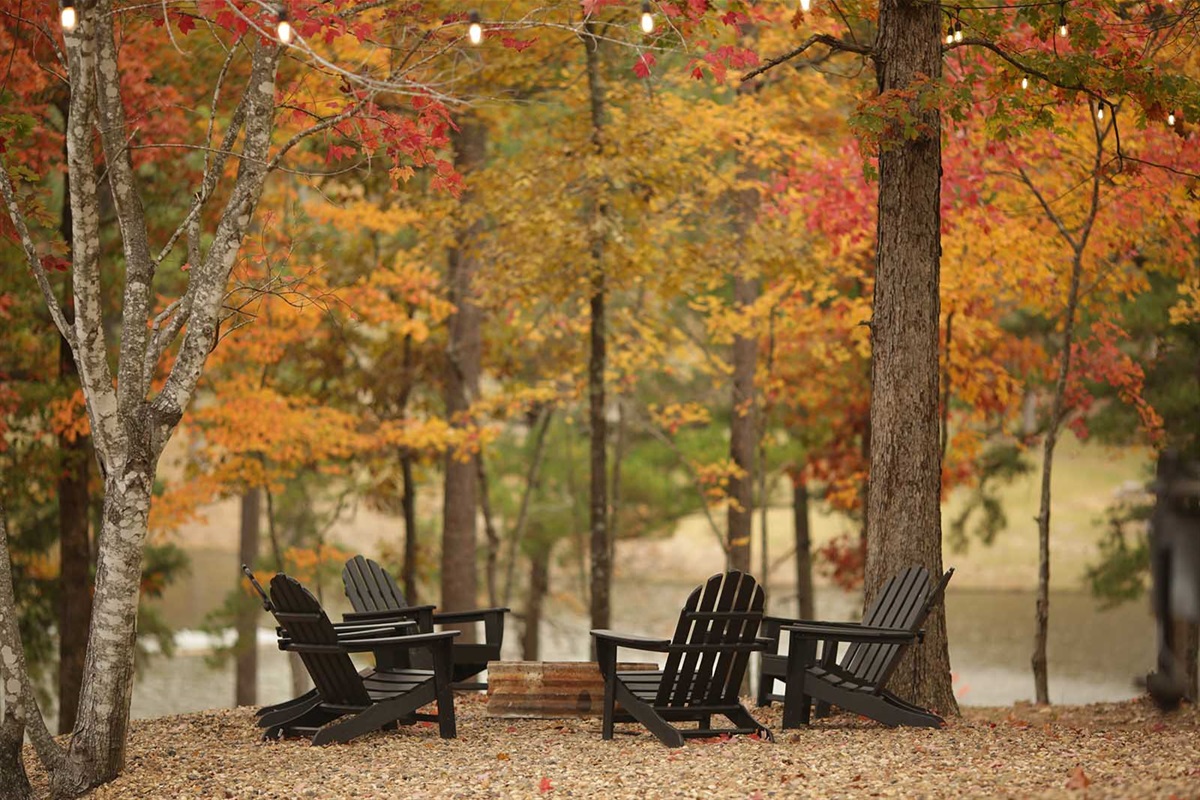 Firepit seating with lake in background