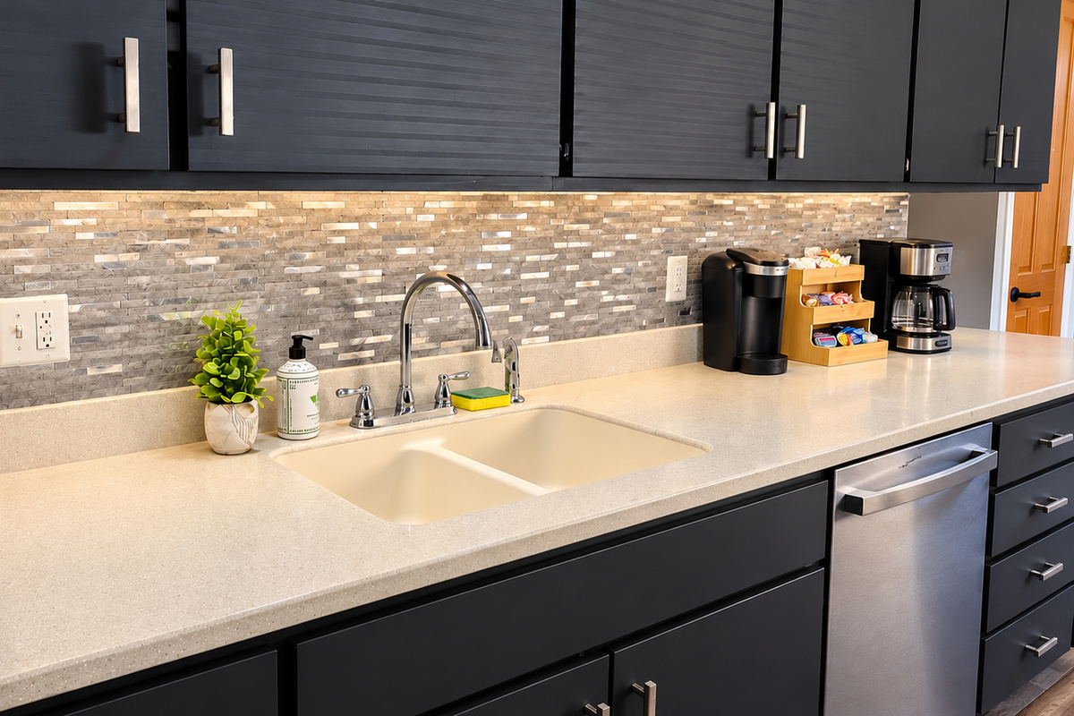 Spacious kitchen counter with double sink and a fully stocked coffee and tea station.