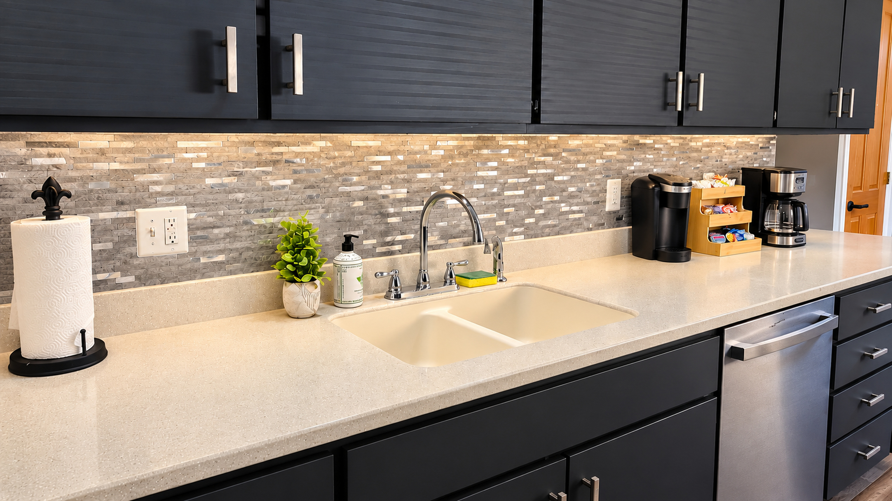 Spacious kitchen counter with double sink and a fully stocked coffee and tea station.