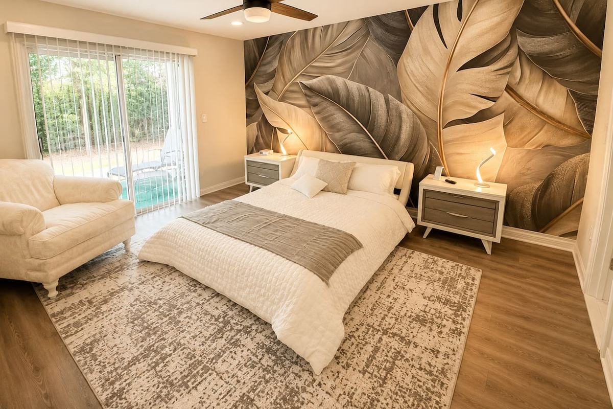 Bedroom with a queen bed and a comfortable sofa. 
