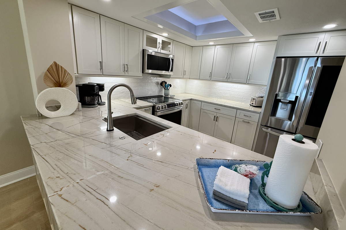 Tray Ceiling in Kitchen, Custom Pull Out Shelving in Cabinets