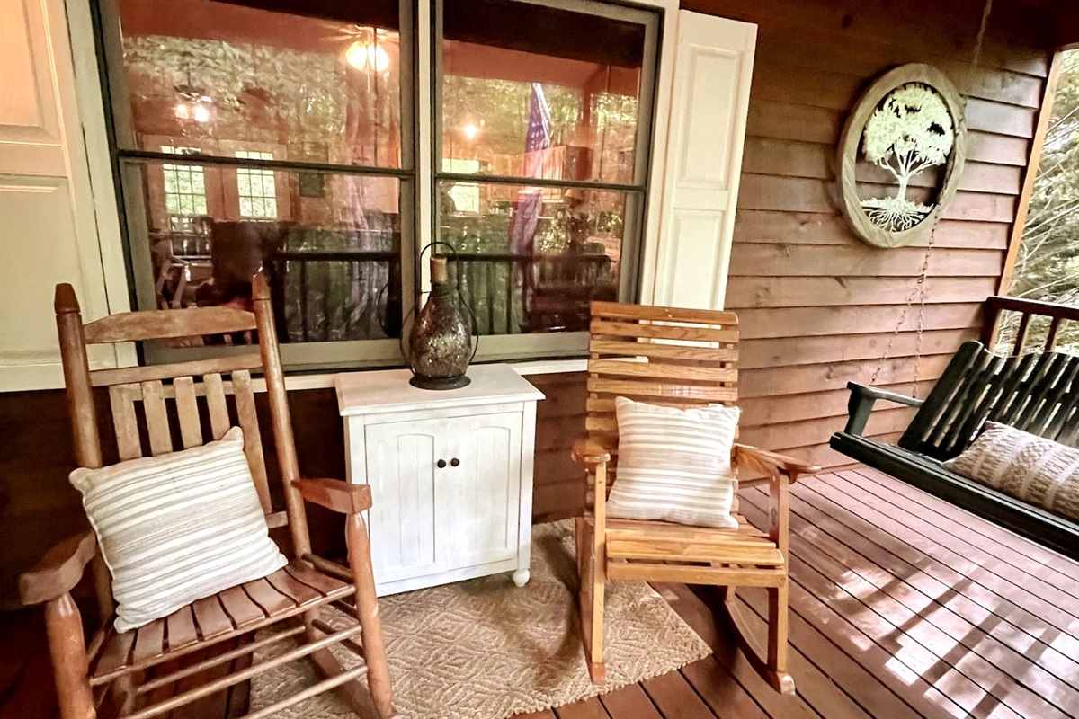 Front porch with rockers and swinging bench. Sit and watch all the deer go by.