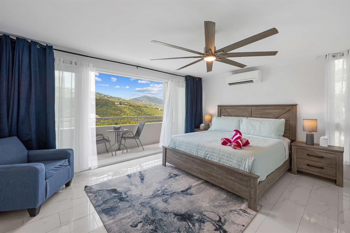 Primary bedroom with king bed, air conditioning, and a private balcony!
