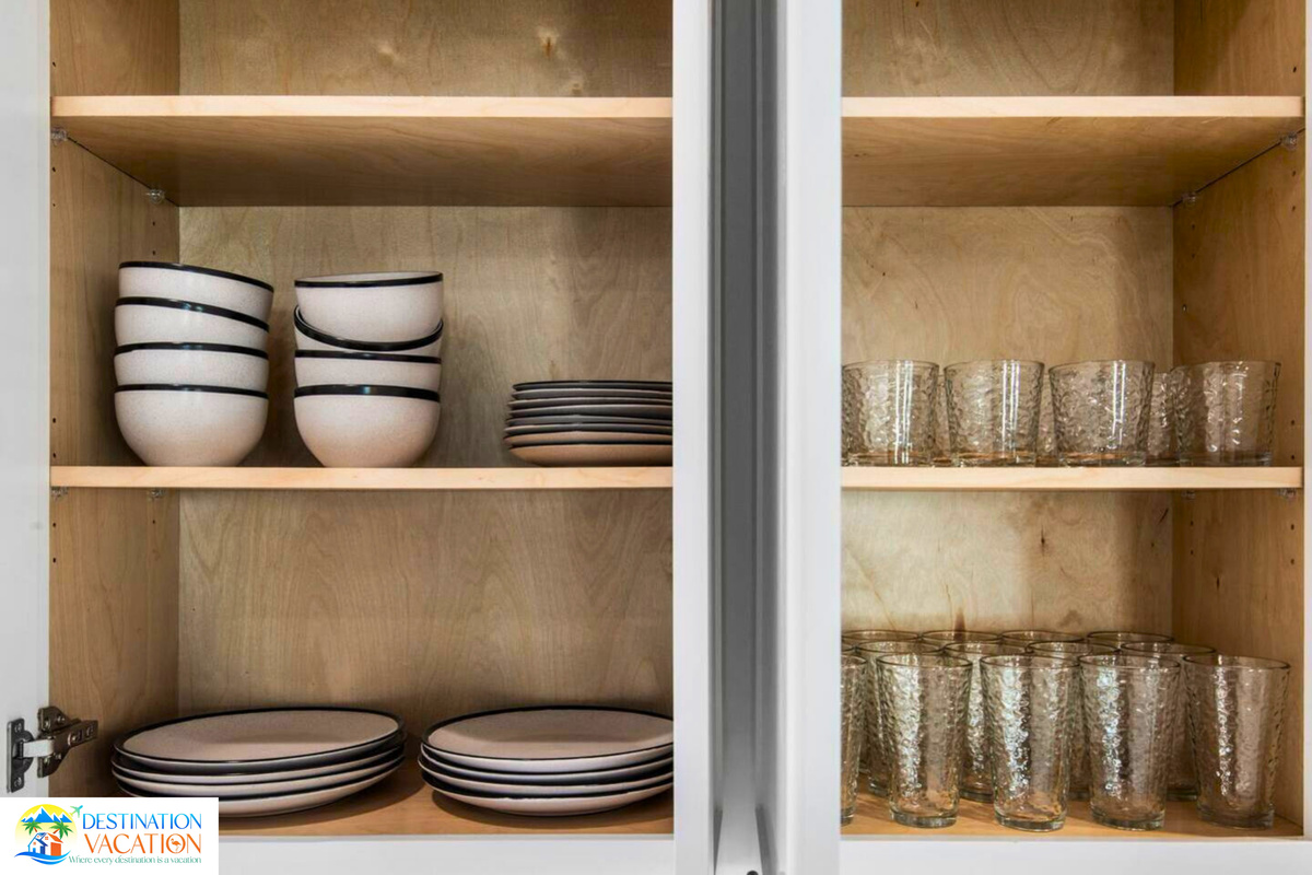 Beautifully arranged dishware keeps everything ready for guests.