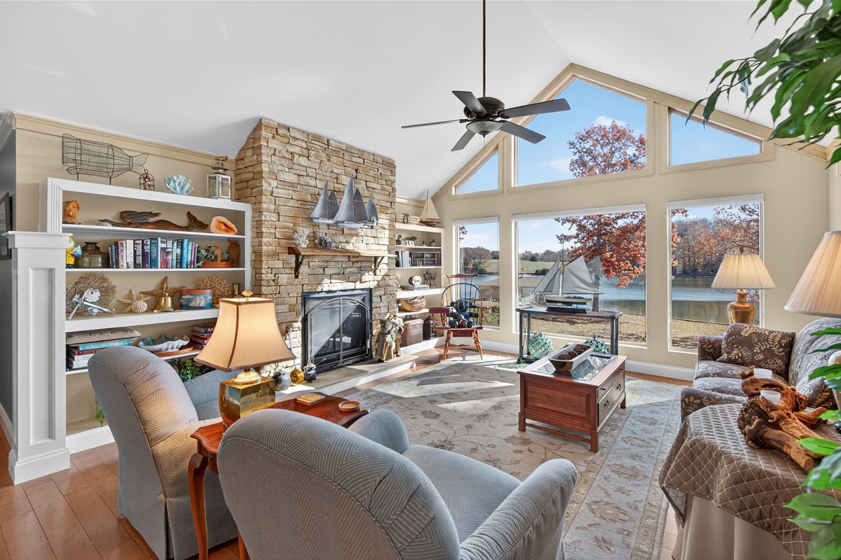 Vaulted ceilings, natural light, and waterfront scenery create the ultimate lakeside retreat.