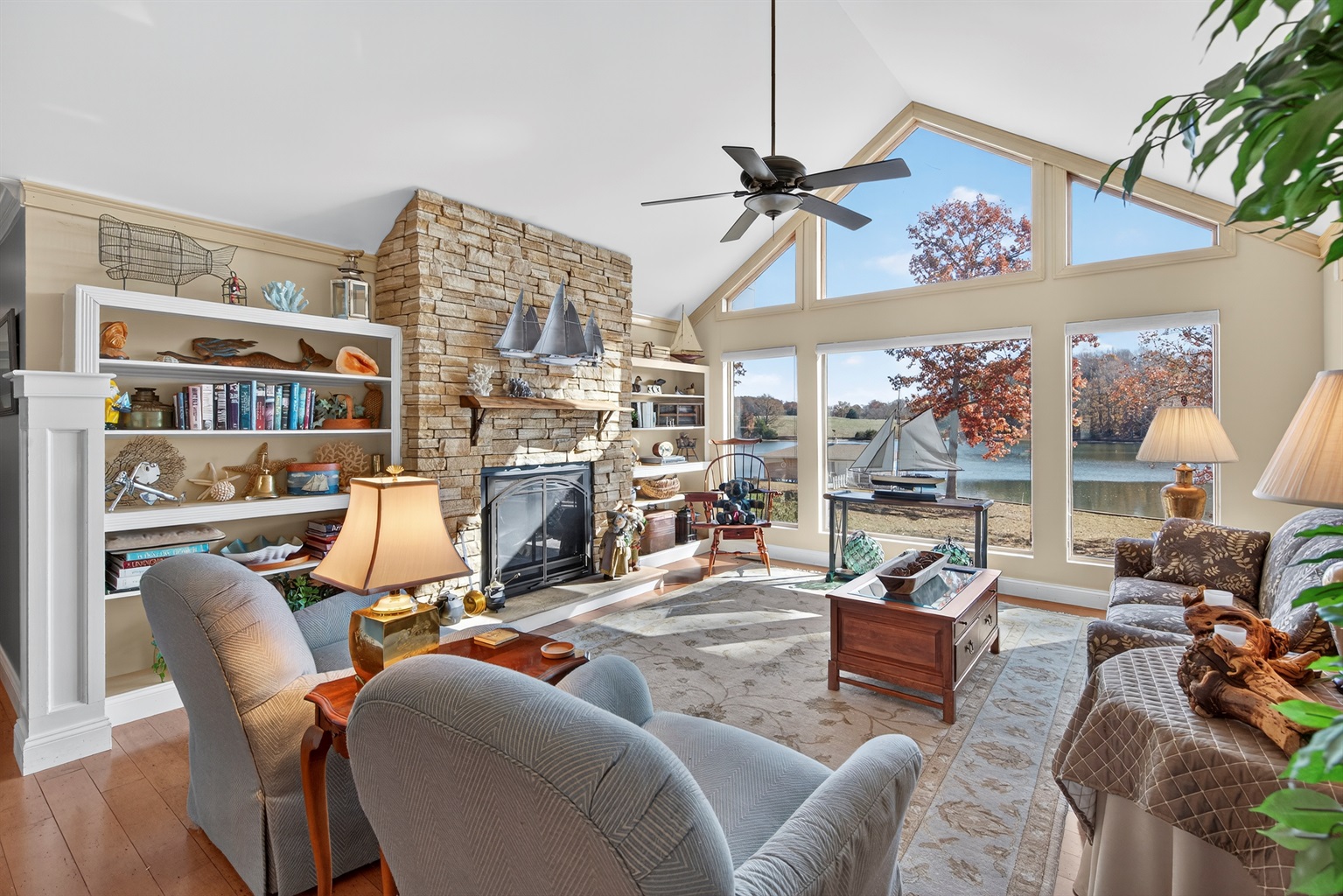 Vaulted ceilings, natural light, and waterfront scenery create the ultimate lakeside retreat.