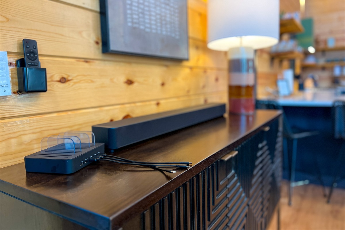 Charger dock and sound bar to enjoy your tunes...