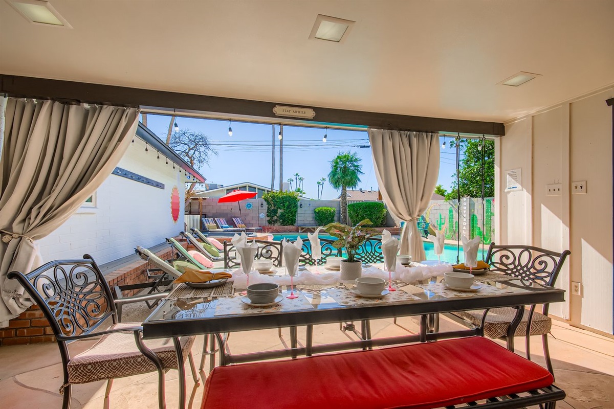Outdoor table for 10 overlooking pool