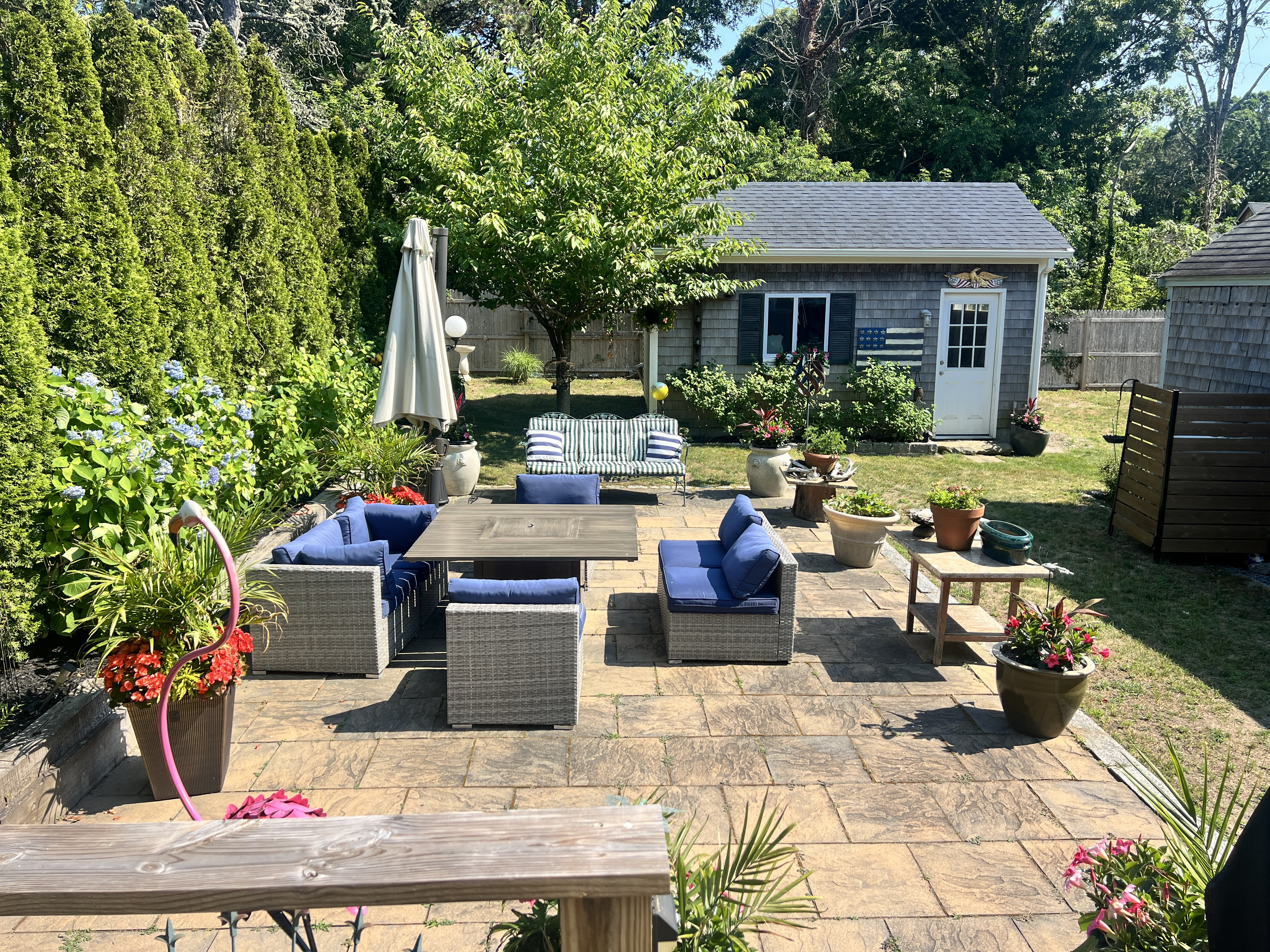 Outdoor patio lounge area with comfortable seating