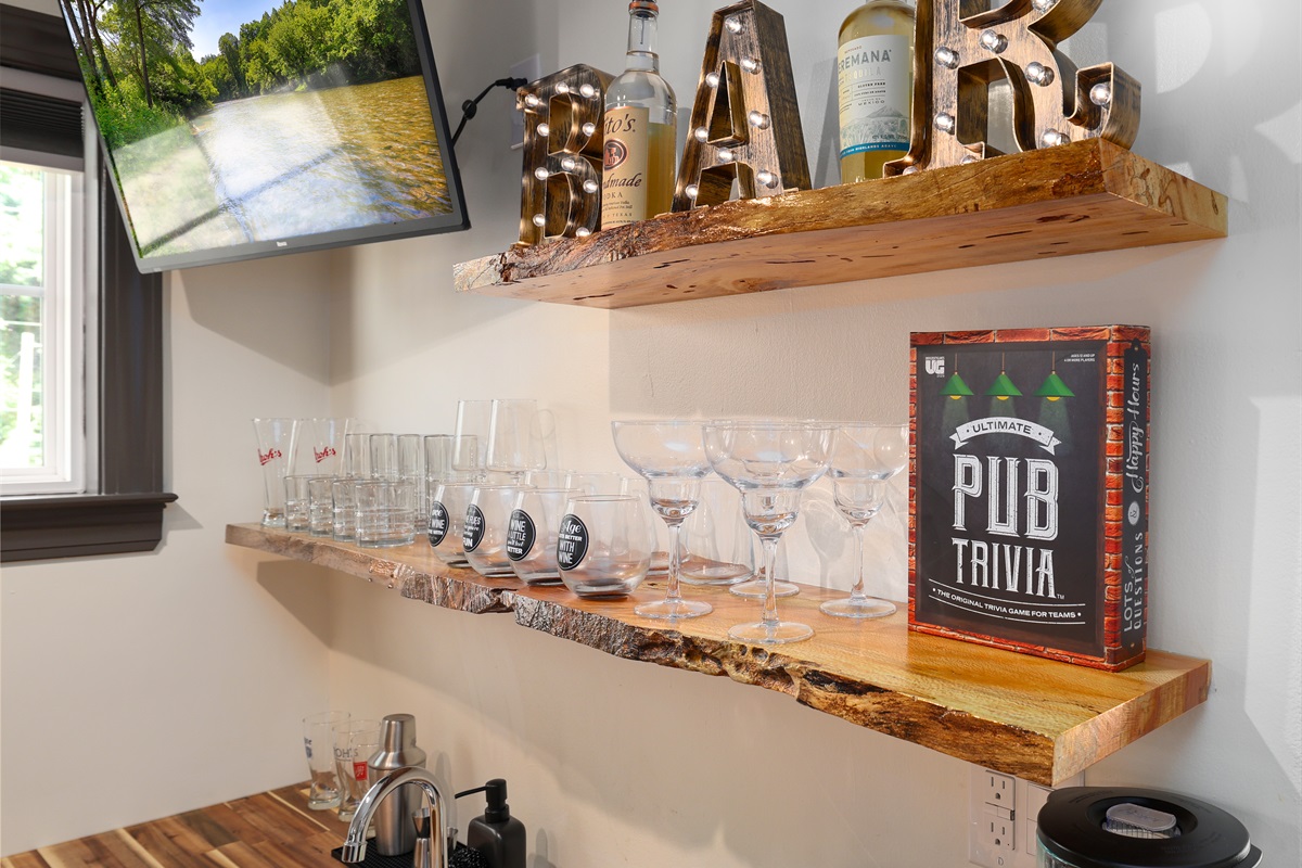 Full Bar-BYOB! Custom made exotic wood shelves