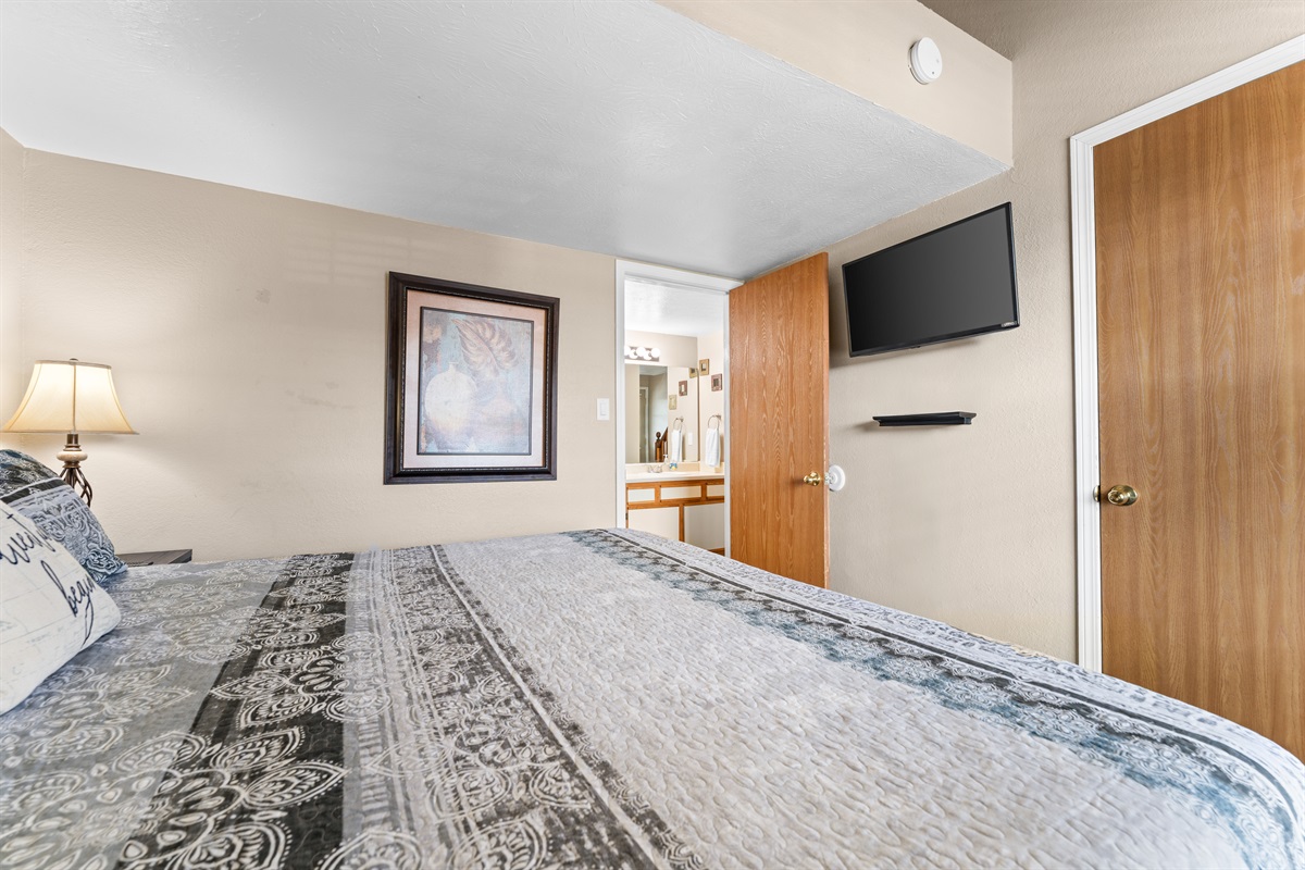 The king bedroom includes a TV for slower mornings or early nights in.