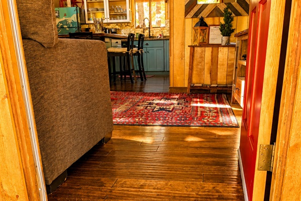 This is the view from the front door looking in.  You can see our open concept first floor living space that connects the living room to dining area and full kitchen.  We have everything you should need for your group to enjoy Lake Tahoe!