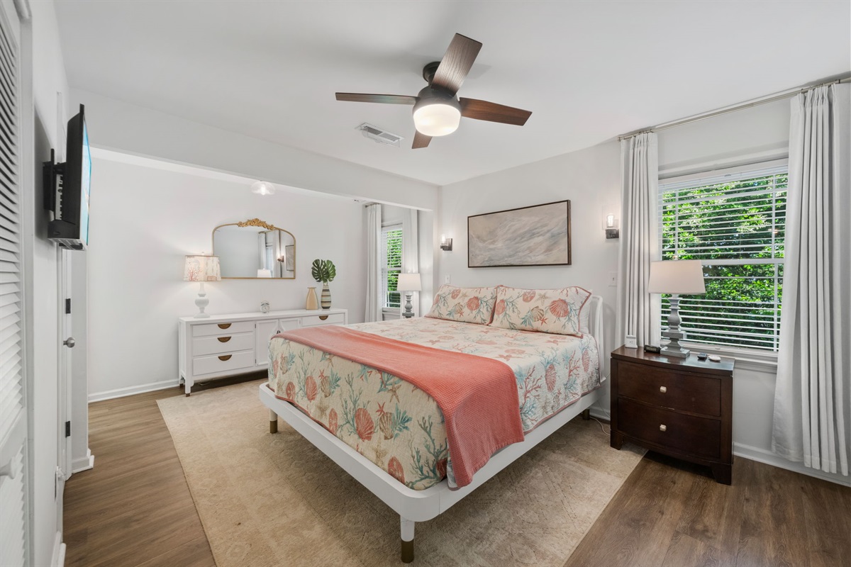 Primary California King Suite Bedroom 1 | IOP Escapes Beach Blessing | 3705 Hartnett Blvd, Isle of Palms, SC
