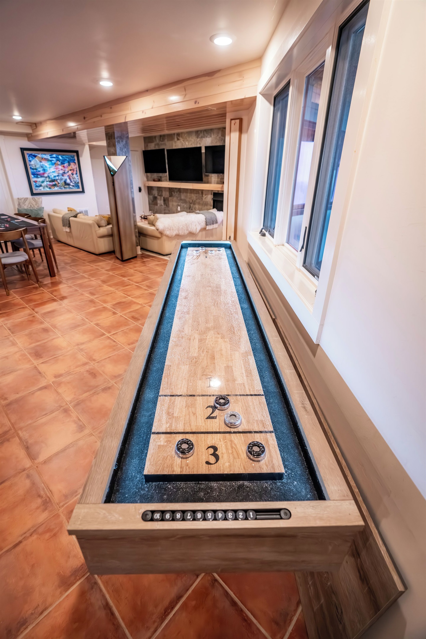 Kitchenette with mini fridge and microwave
Shuffleboard!
