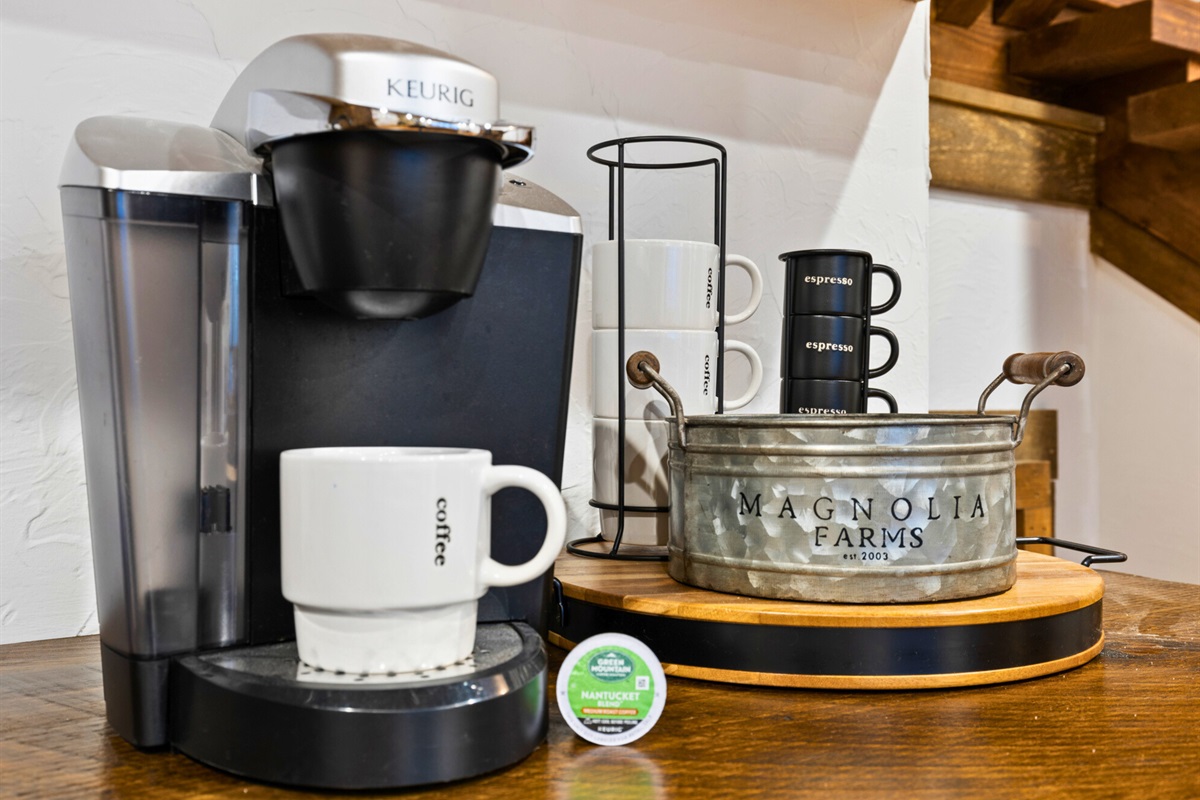 A thoughtfully arranged coffee bar with all the essentials for your morning cup.