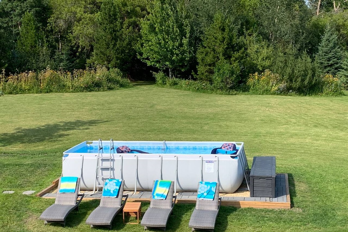 10 FT BY 20 FT SEASONAL POOL. POOL IS AVAILABLE JUNE, JULY AND AUGUST. WE NORMALLY KEEP THE POOL OPEN UNTIL AFTER SEPTEMBER LONG WEEKEND. WEATHER DEPENDENT AFTER.