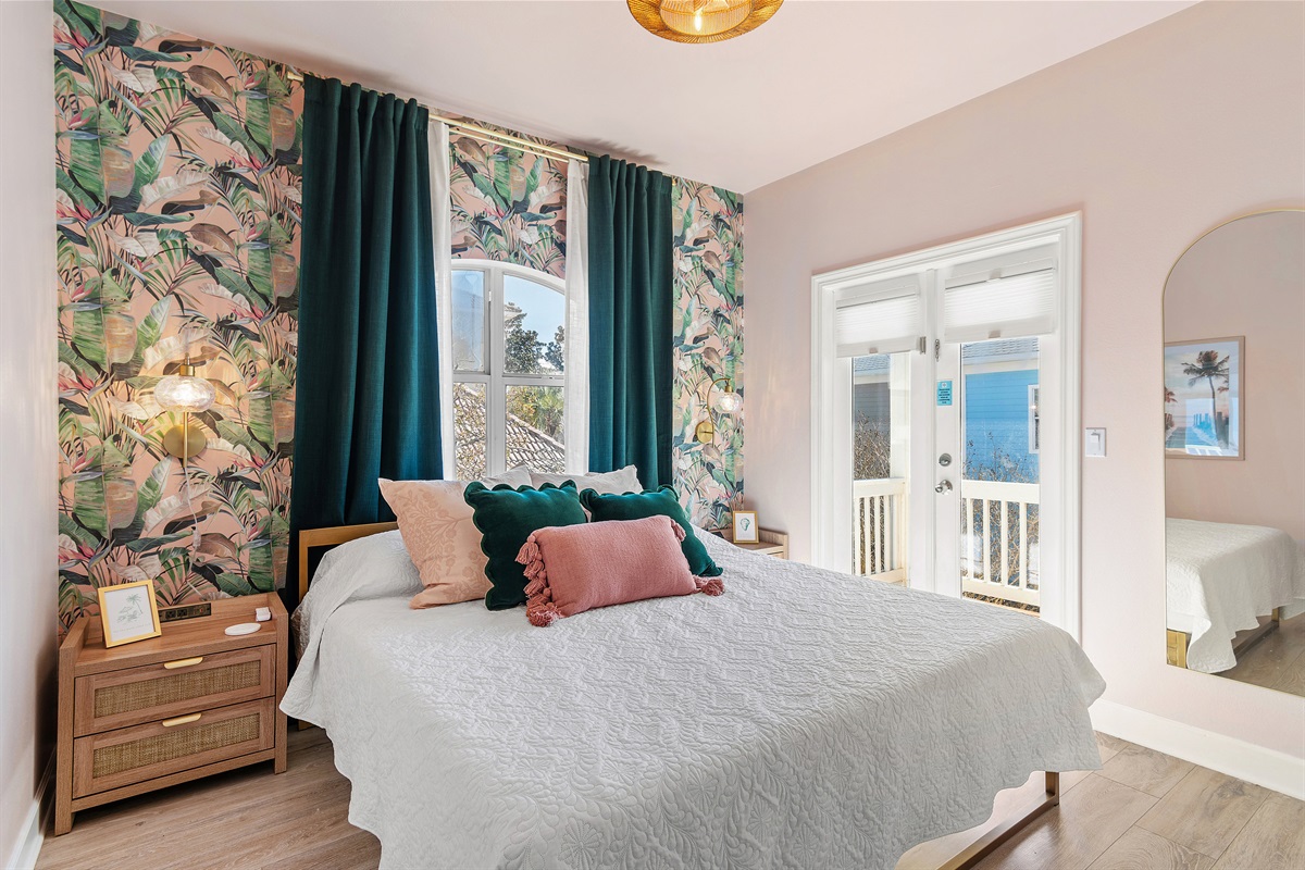 Guest Room 3 (Level 2): Queen bed, Smart TV, Balcony Access, Hallway Bathroom with Shower Tub Combo on Level 2 or Bathroom with Walk in Shower on Level 1 (Sleeps 2)