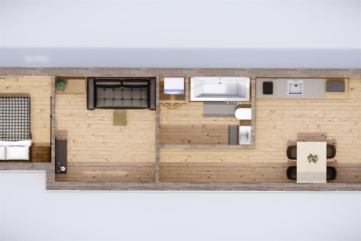Tiny Elk 3D Floor Plan-Rotated top‑down view highlighting the efficient flow from the kitchen/dining zone through the bathroom and living area into the secluded queen bedroom at the far end.