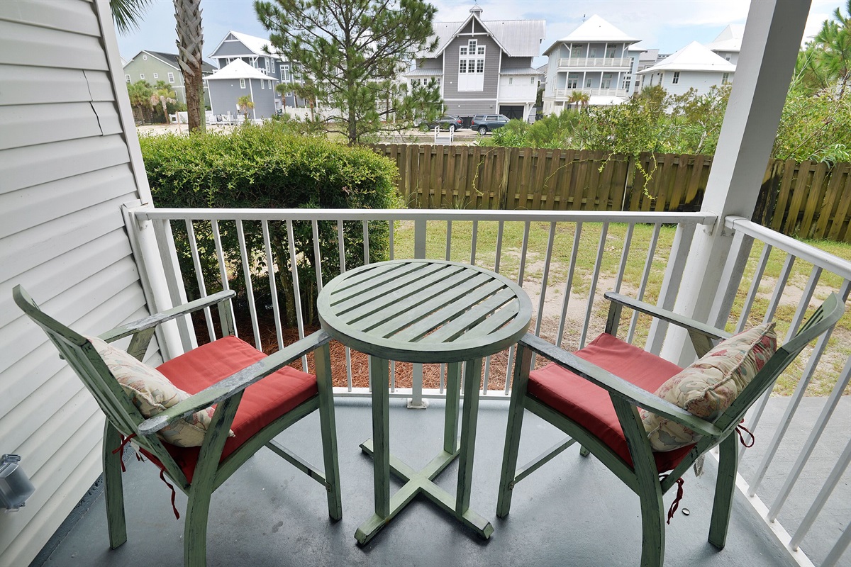 Patio looks over green space