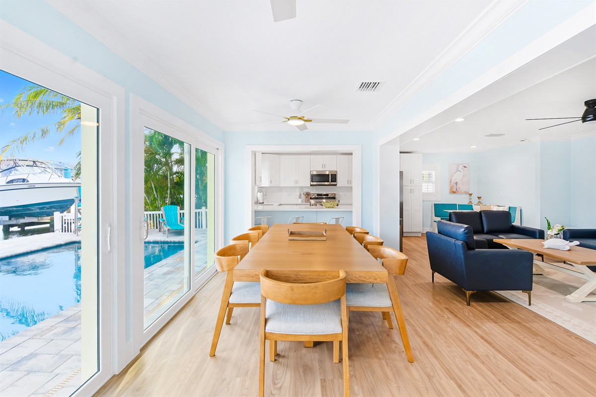 The living room, kitchen and dining area all have a water view.
