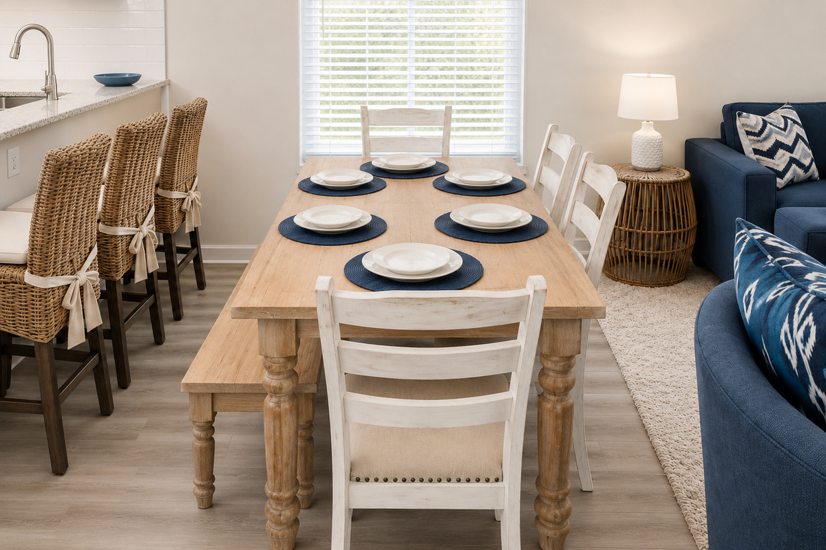 Dinner under the VILANO BEACH sign becomes a nightly tradition — the farmhouse table seats six with a bench made for scooting in one more, while the breakfast bar keeps the cooks company through every course.