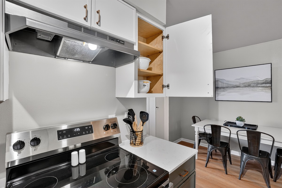 Cups, plates, dishes, utensils, pans, & coffee all provided