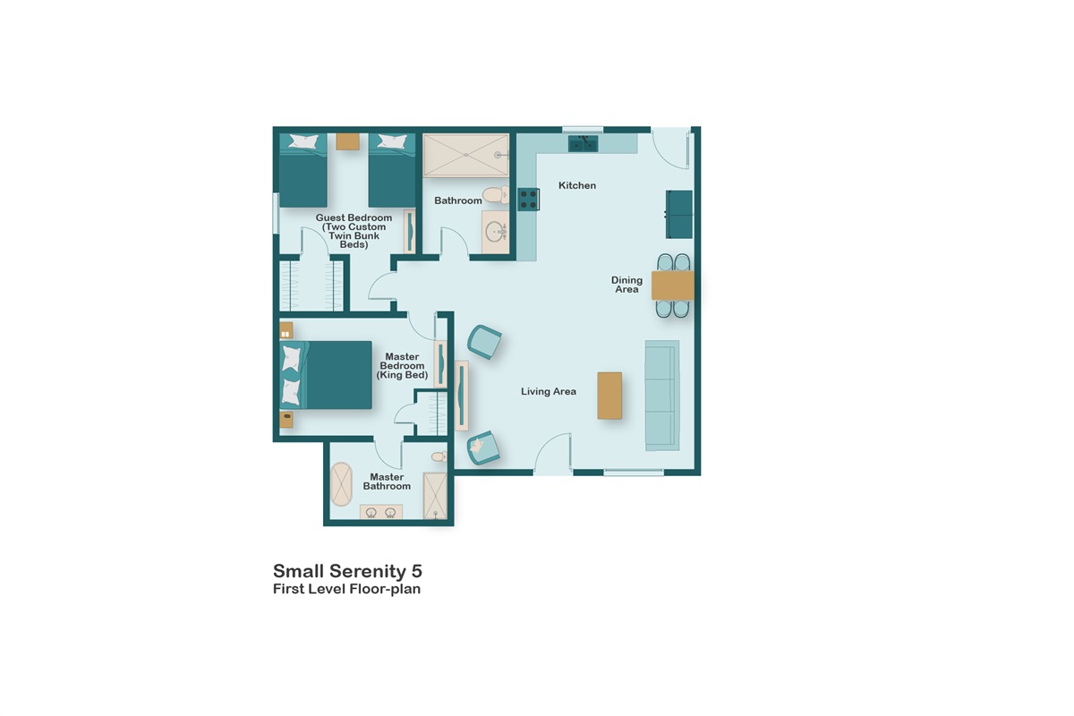 Small Serenity floorplan. Small Serenity 5 is Newly Remodeled and Professionally Designed in 2025 - New kitchen, bathrooms, flooring, furniture and appealing decor