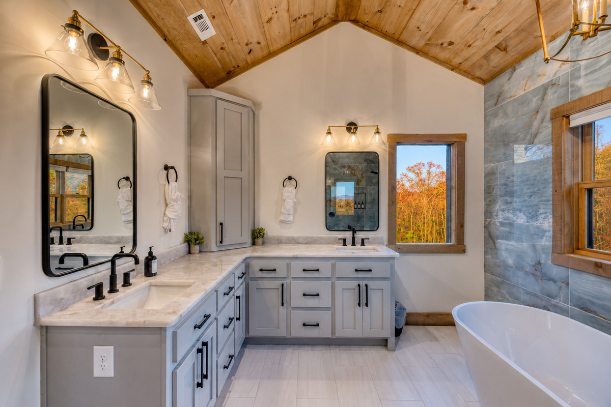 Dual vanities with a view in primary suite bath