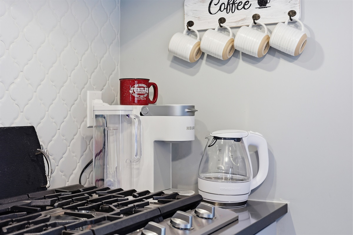 Take your time waking up and savor a hot cup of coffee from our Keurig coffee machine.