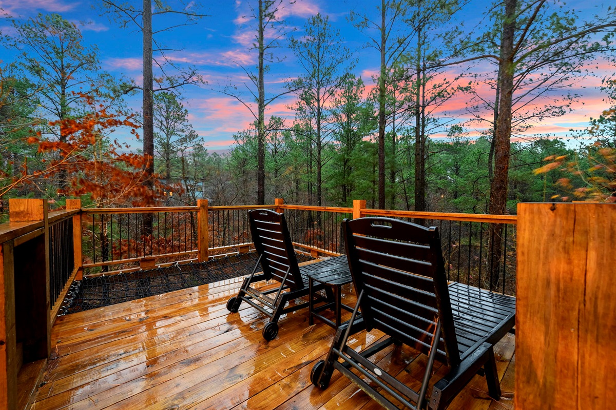 Elevated deck with cargo net hammock, lounge chairs, climbing wall and slide. 