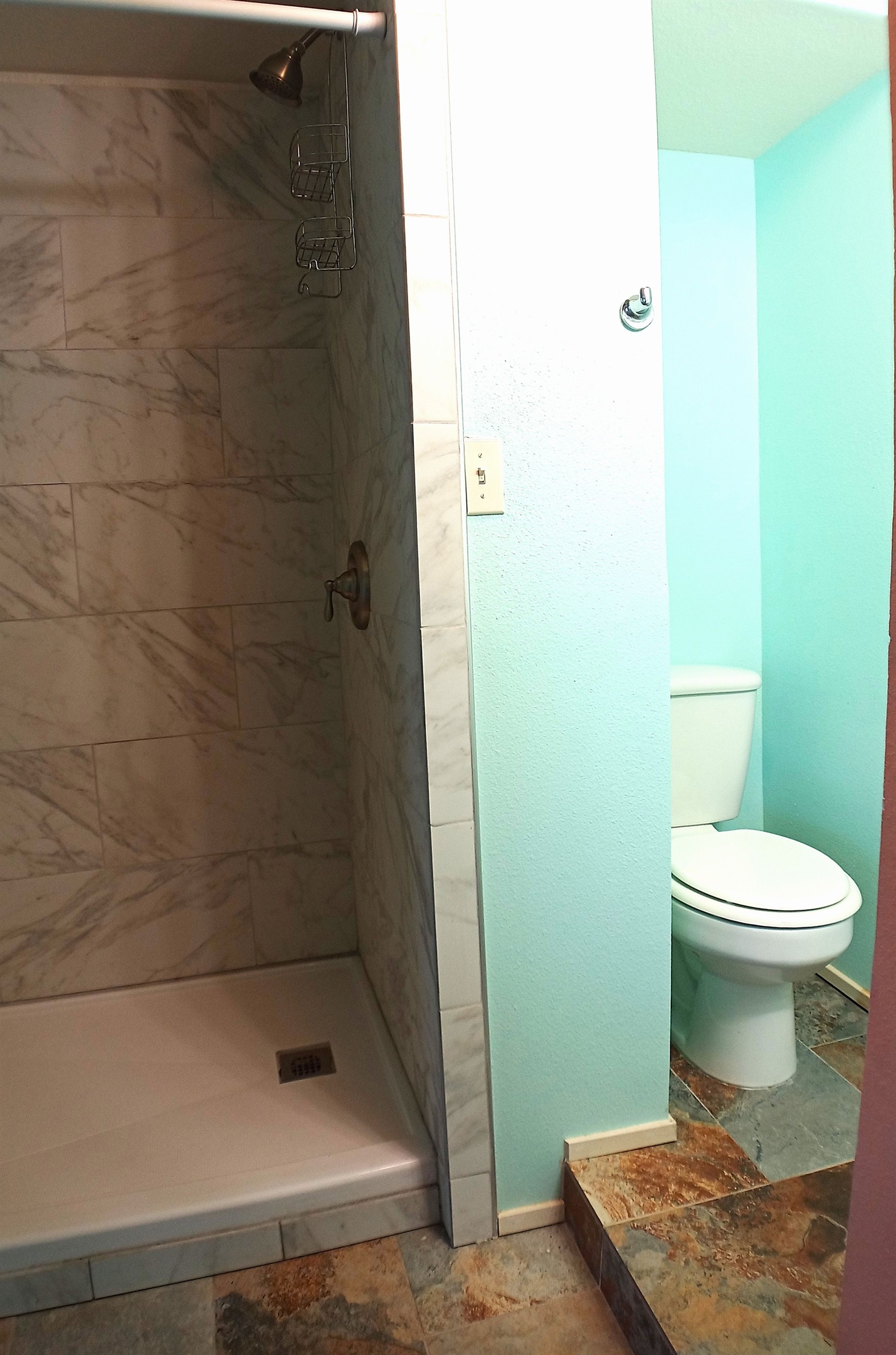 Downstairs bath has step in shower