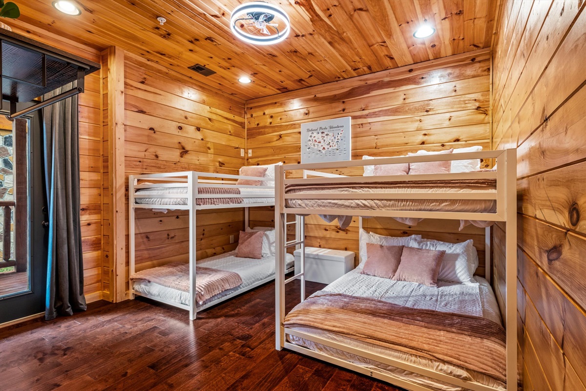 Bedroom 9 (downstairs) has a twin over twin bunk bed and a full over full bunk bed.  It also shares a Jack & Jill bathroom with Bedroom 8.