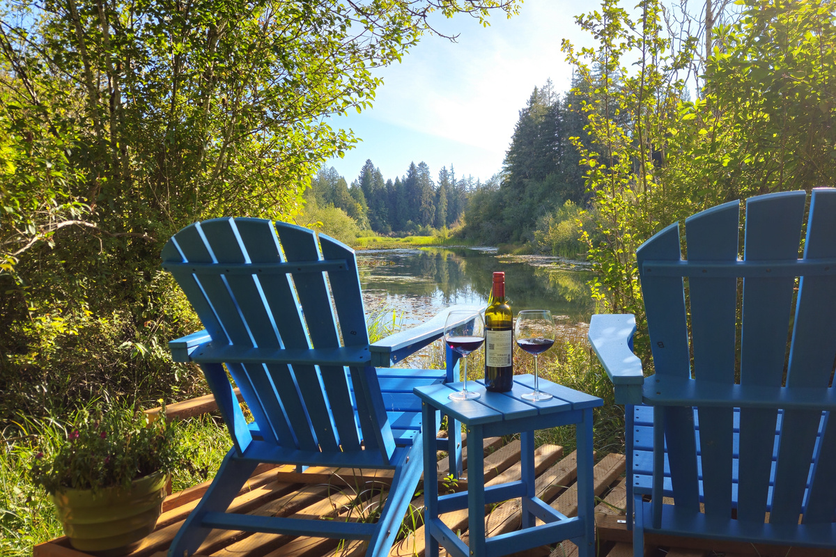 Creekside seating at the outlet of Lake Isabella - kayak into the lake, tube down the creek, or birdwatch into the evening until the beavers begin to stir (Summer Photo).