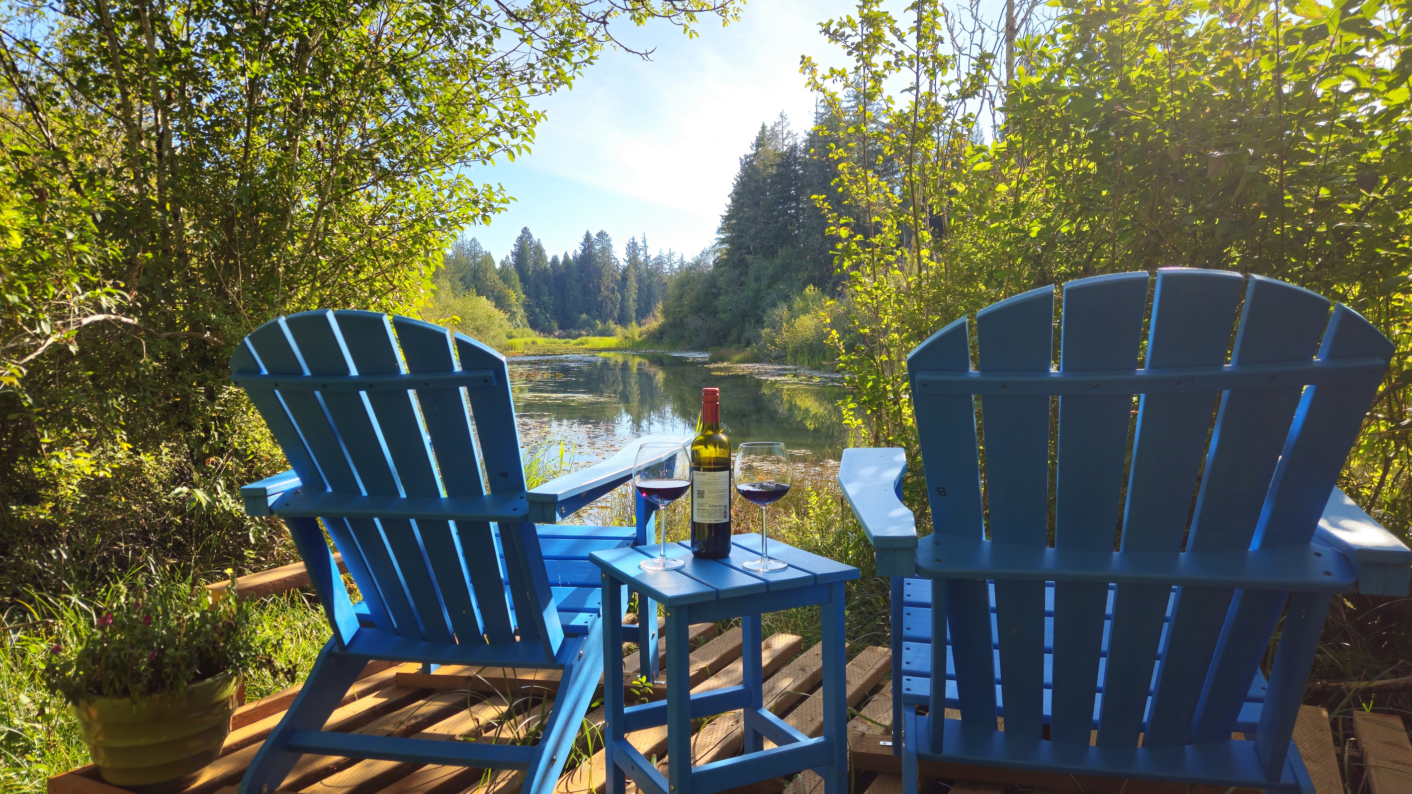 Creekside seating at the outlet of Lake Isabella - kayak into the lake, tube down the creek, or birdwatch into the evening until the beavers begin to stir (Summer Photo).