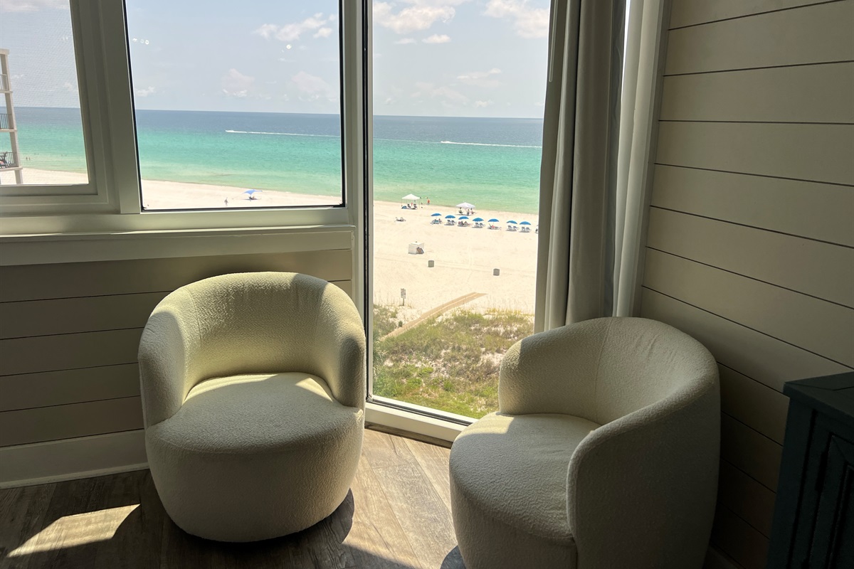 Sitting area by large bay window