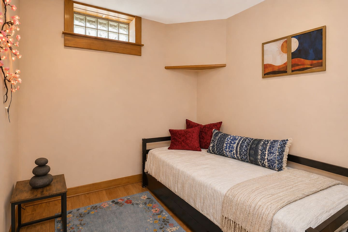Cozy Zen Retreat Room designed for calm and comfort—featuring a daybed, soft lighting, and minimalist decor. Perfect for quiet rest, reading, or meditation, this peaceful nook offers a warm, grounding space to unwind and recharge.