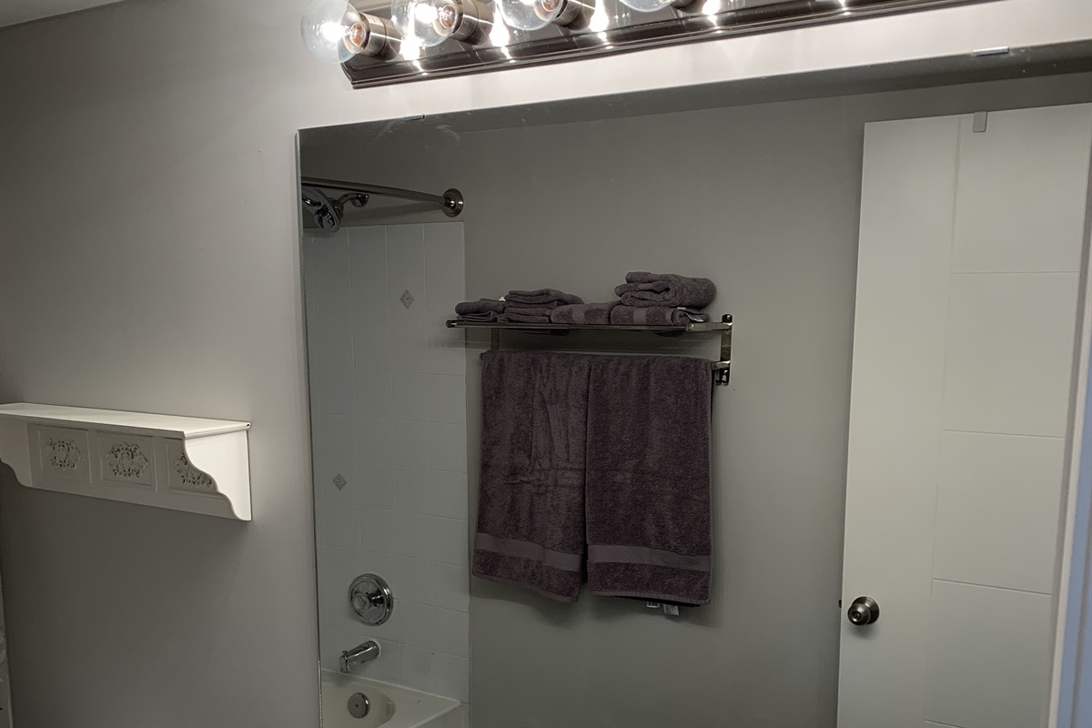 Full bathroom with spacious vanity. Bathroom is stocked with shampoo, conditioner soap and Q tips.