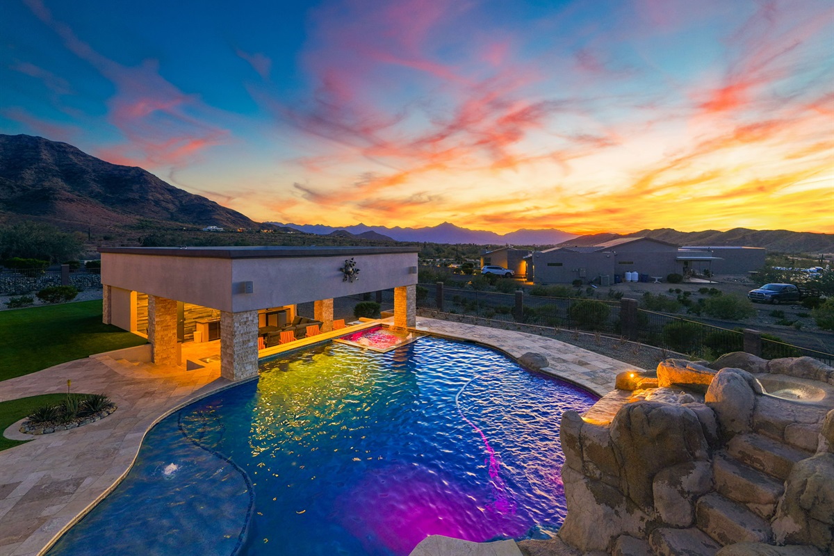 A private oasis glowing at dusk, perfect for peaceful nights under the stars.