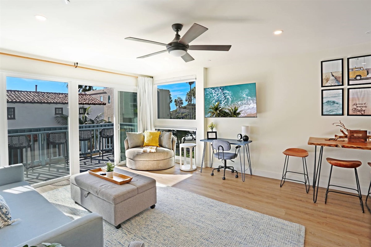 Living Room also includes a sleeper ottoman that works as coffee table closed and opens to a twin bed enabling this studio to accommodate 3 :)