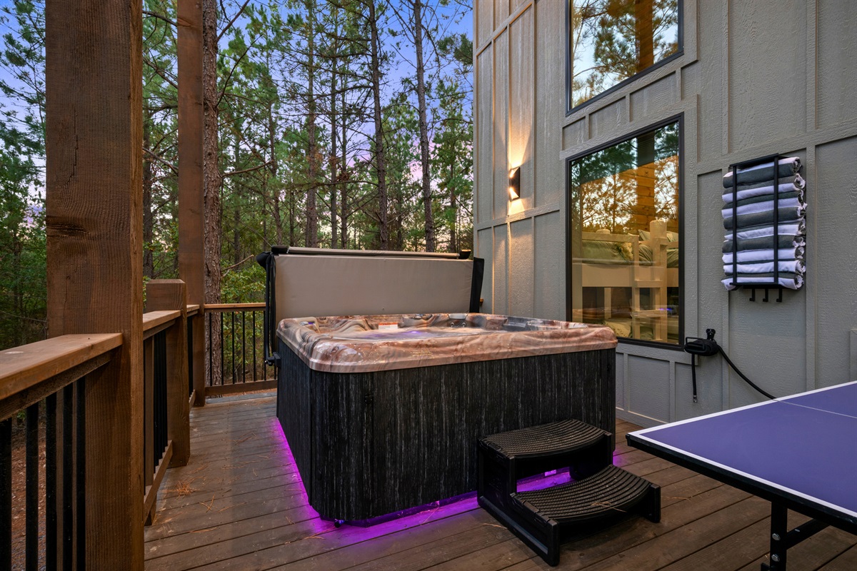 Sink into the hot tub and let the gentle bubbles melt the day away as you take in the peaceful surroundings and quiet breeze.