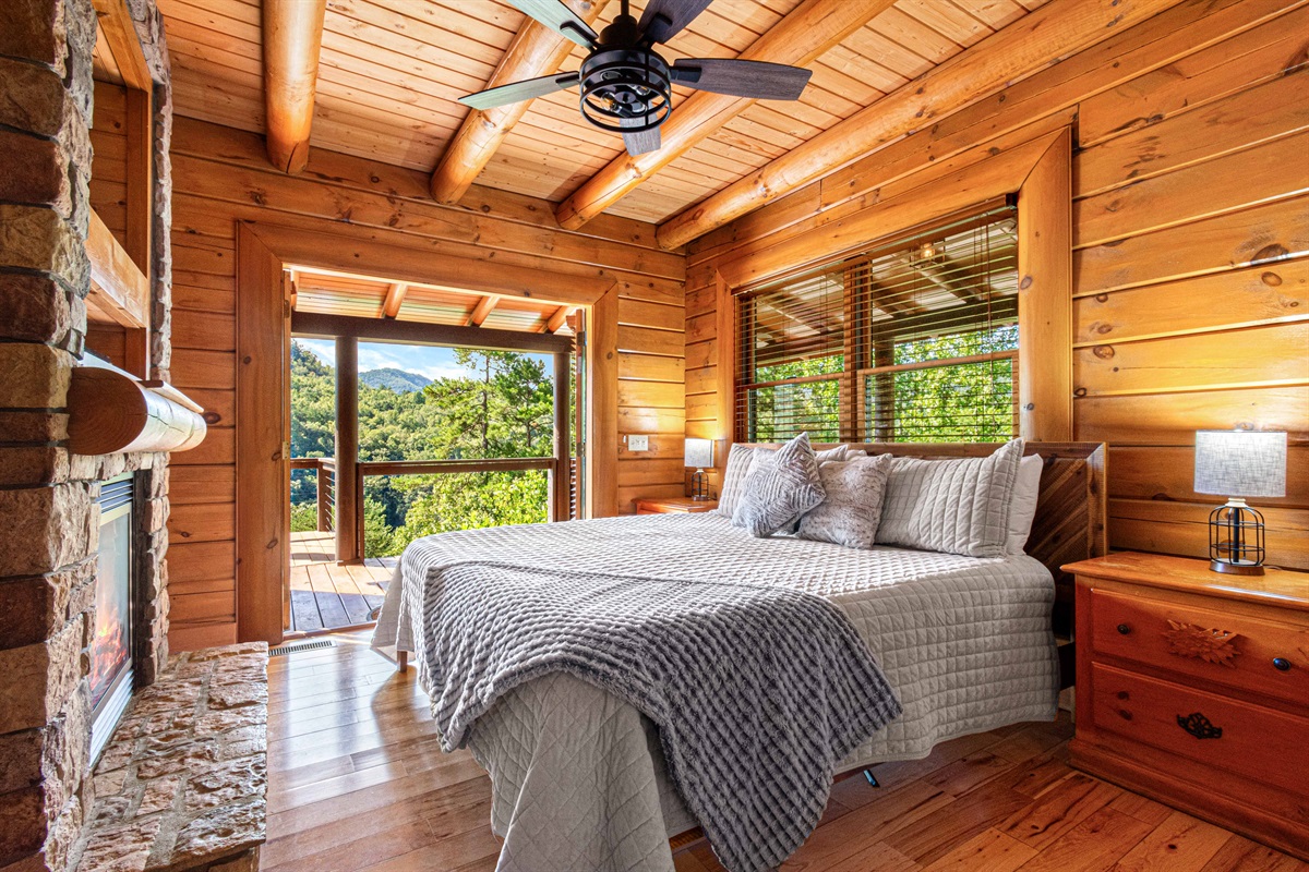 Main Level Master Bedroom: Spacious, bright room with stunning views and a cozy fireplace ambiance!