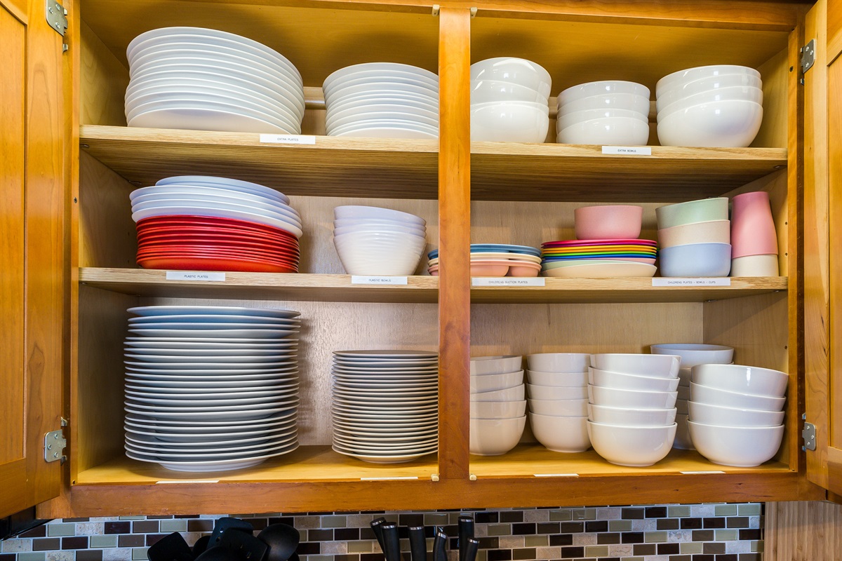 so many plates, and platsic plates for outdoors, even children plates, bowls and cups