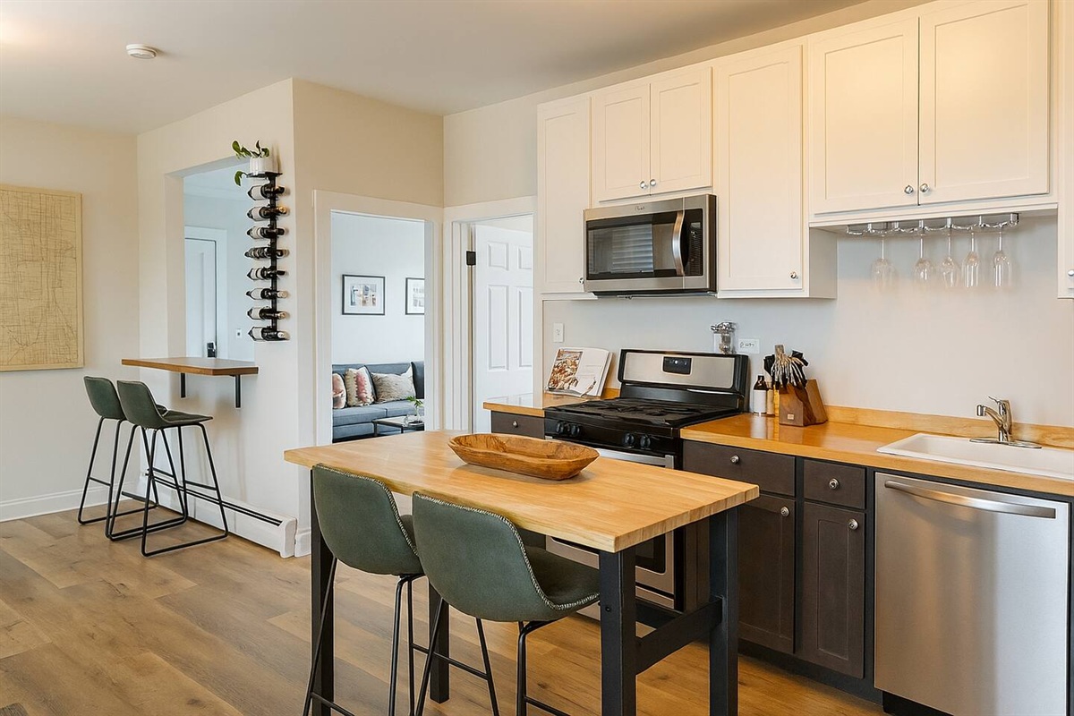 Full appliances, cookware, dishes, and dining space — designed for real meals during your stay.