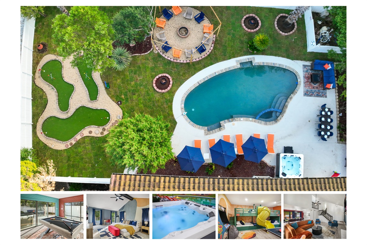 Spacious, resort-style backyard designed for unforgettable group stays. The private outdoor oasis features a sparkling freeform pool with built-in entry steps and an attached spa, a custom mini golf putting green across the lawn, multiple fire pit areas, s