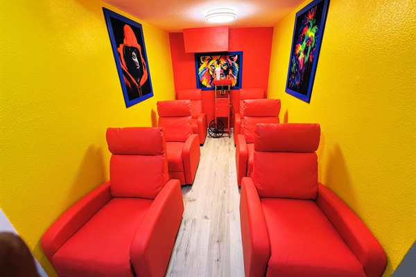 Grab some popcorn and enjoy a cinematic experience right at home with our cozy theater setup, large screen, and surround sound—perfect for movie nights!