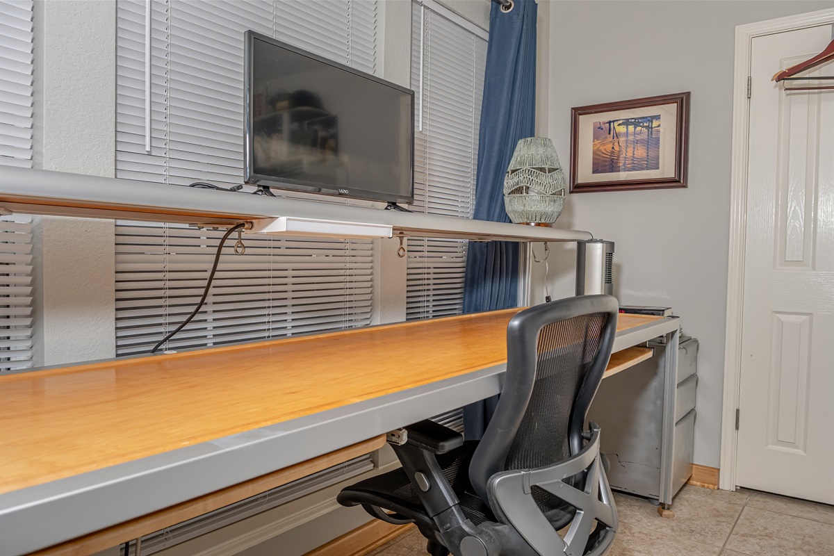 The front room has a spacious built in desk with sofa that can be folded don into full size bed. A 3 inch memory foam topper is used for added sleeping comfort&ndash; business AND pleasure!