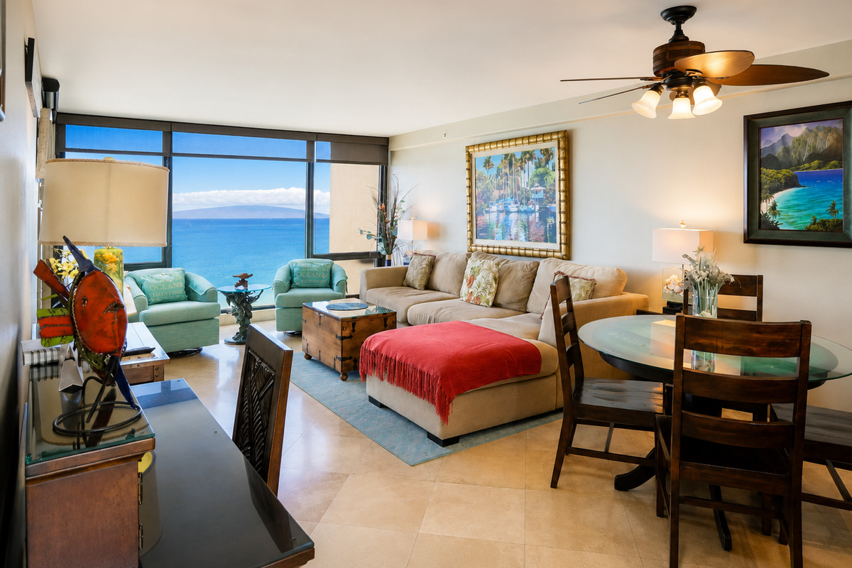 Spacious living area with a dining table and desk